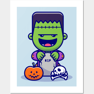 Cute Frankenstein laughing With Tombstones, Skulls, and  Pumpkin Halloween Cartoon Posters and Art